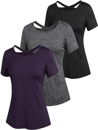 Three women’s tops in black, grey, and purple with cross-back design, short sleeves, and casual fit