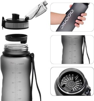 Reusable grey water bottle with detachable lid, hand strap, and measurement markings up to 1000ml, close-up views