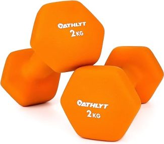 Two bright orange 2kg dumbbells with hexagonal design for home workouts and strength training