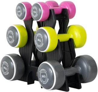 Colourful set of dumbbells on a black rack, with weights ranging from 1.5kg to 5kg, ideal for home workouts and fitness