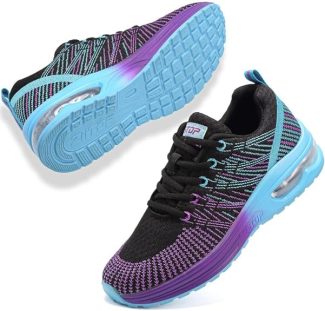 Colourful sports trainers with a vibrant purple and blue design and air-cushioned soles for comfort and style
