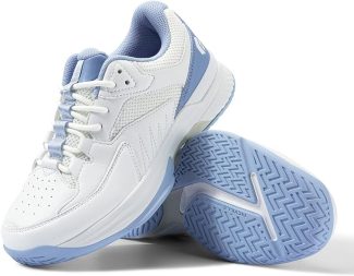 White and blue trainers with stylish design and textured sole, perfect for everyday wear or sports activities