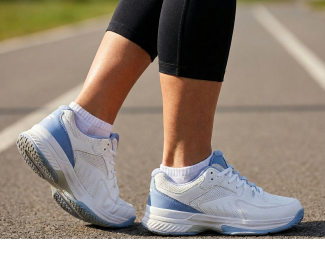 FitVille Womens Tennis Shoes Runner wearing white and blue trainers on a track, showcasing comfortable footwear for outdoor activities