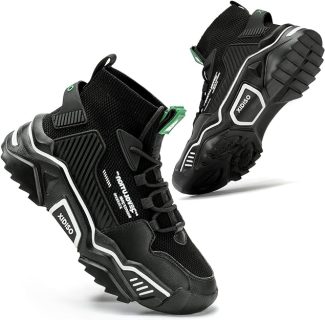 Black and green high-top trainers with modern design and bold sole suitable for casual and streetwear styles