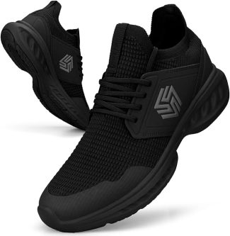 Black athletic trainers with textured knit design and cushioned sole for comfort and durability in sports activities