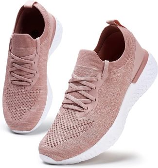 Pink knit trainers with white soles, featuring lace-up design and lightweight breathable material for casual wear