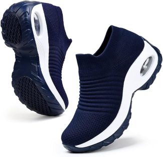 Navy blue slip-on trainers with cushioned soles for comfortable walking and running