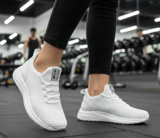 Image_1wwbnr1wwbnr1wwb Person wearing white trainers in gym, standing on mat with exercise equipment in background