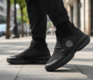 Black trainers on city pavement, showcasing modern urban footwear style