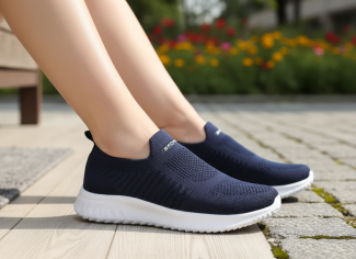 Image_de4mt6de4mt6de4m Blue slip-on trainers with white soles worn outdoors on sunny day