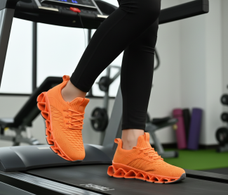 Bright orange trainers on a treadmill, gym workout footwear for active running and sports fitness activities