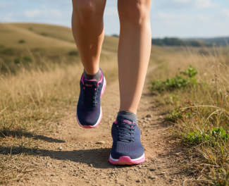 Person hiking on a rural trail wearing navy and pink trainers, surrounded by grassy fields and rolling hills