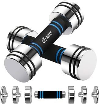 Adjustable chrome dumbbells with black grips for strength training and fitness workouts