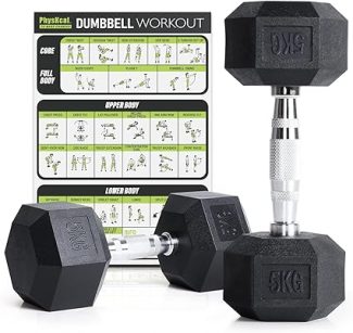 Dumbbell workout guide with two 5kg hex dumbbells for core, full body, upper body, and lower body exercises