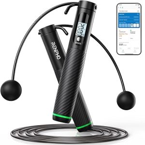 Digital skipping rope with integrated counter, connected to a smartphone app, featuring ergonomic black handles