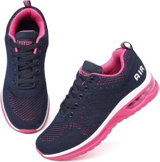 Navy and pink trainers with air cushioning and breathable mesh upper for comfort and style