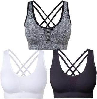 Three sports bras with crisscross straps in grey, white, and black, designed for comfort and support