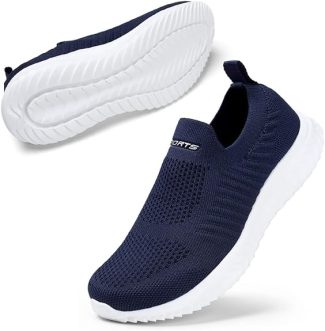 Navy blue slip-on sports trainer with white sole for men, featuring breathable fabric and lightweight design