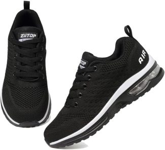 Black sports trainers with cushioned soles and breathable mesh design for comfort and support during exercise