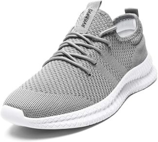 Grey lightweight knitted trainer with white sole and laces designed for comfort and style