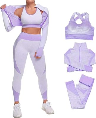 Woman in lavender and white activewear set, showing sports bra, leggings, and jacket; exercise outfit display