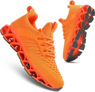 Bright orange athletic trainers with unique cushioned soles and breathable mesh design for enhanced comfort and style