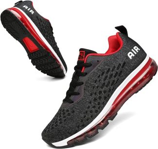 Black and red trainers with breathable mesh and cushioned sole for comfort and style, ideal for running enthusiasts