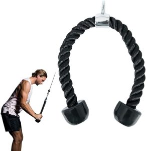 Man using gym tricep rope for strength training exercise, building muscle and fitness routine setup