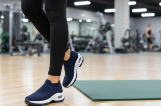 Image_5rwrdt5rwrdt5rwr Woman wearing blue trainers standing on gym floor near a workout mat