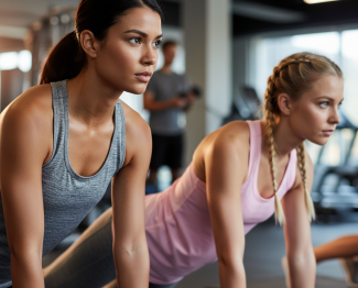 Two women in athletic wear holding a plank position during a workout session at the gym