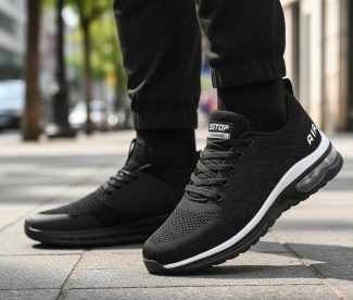 Person wearing black running trainers with air-cushioned soles on a city pavement