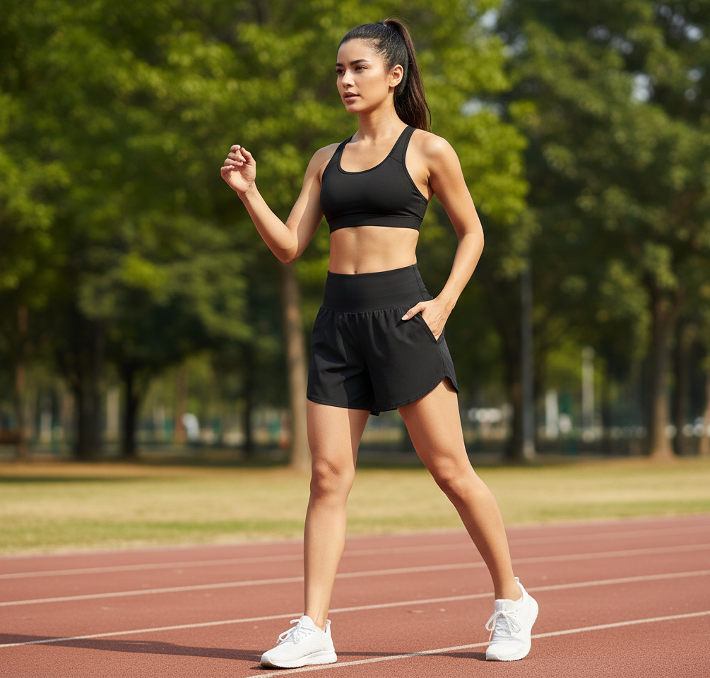 Woman jogging on a track in black sportswear and white trainers, surrounded by trees in a sunny park setting