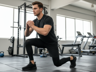 Man performing lunges in a modern gym with weightlifting equipment and treadmills in the background