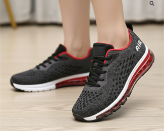 Person wearing grey athletic shoes with red accents on a wooden floor