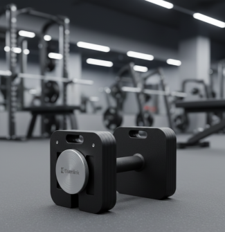Adjustable dumbbell on gym floor with modern equipment in the background