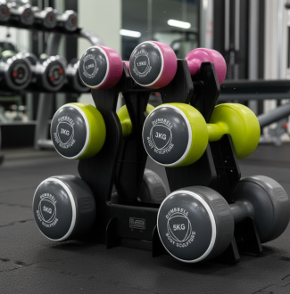 Colourful dumbbells on a rack in a gym setting with weights ranging from 1.5kg to 5kg