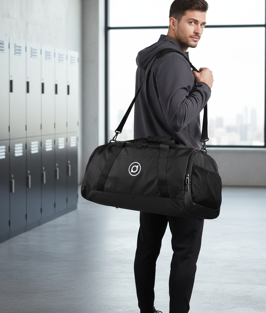 Man in a gym locker room carrying a black duffel bag over shoulder, wearing a grey hoodie and black trousers