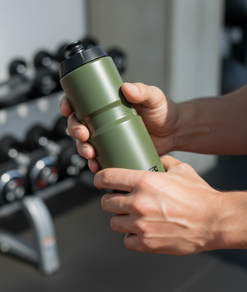 Person holding a green water bottle near gym equipment