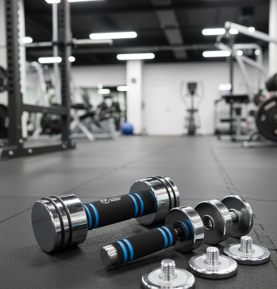 Adjustable dumbbells on a gym floor with fitness equipment in the background for strength training workouts