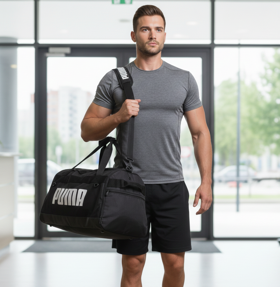 Man in grey t-shirt and black shorts carrying a black Puma gym bag at a fitness centre entrance