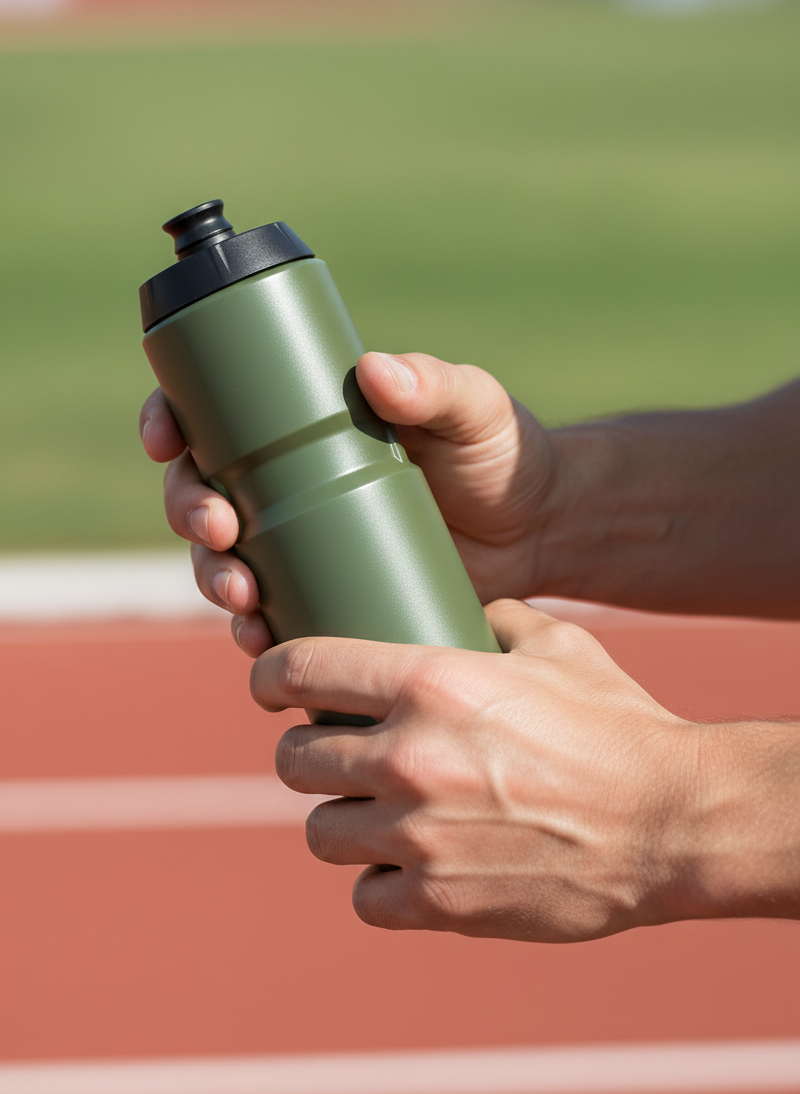 Close-up of a person holding a green water bottle on a sports track