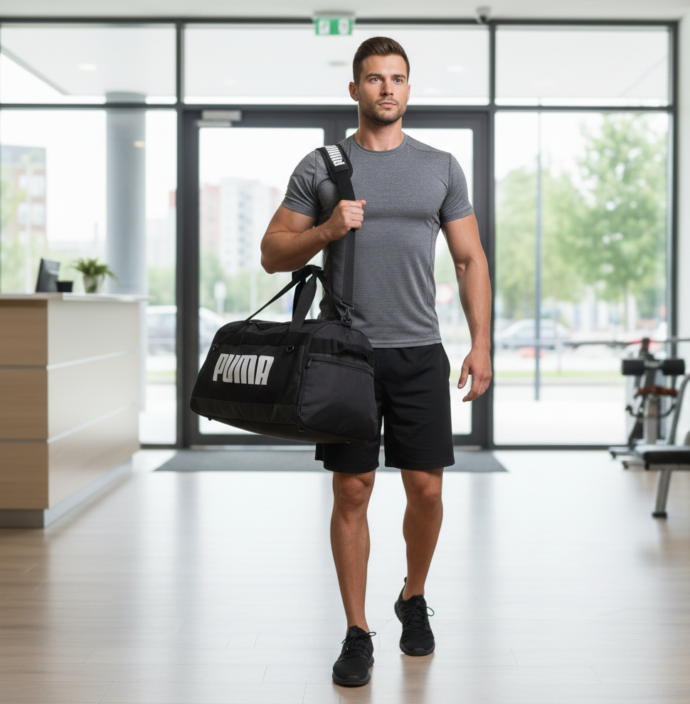 Man with gym bag entering modern fitness centre wearing athletic attire