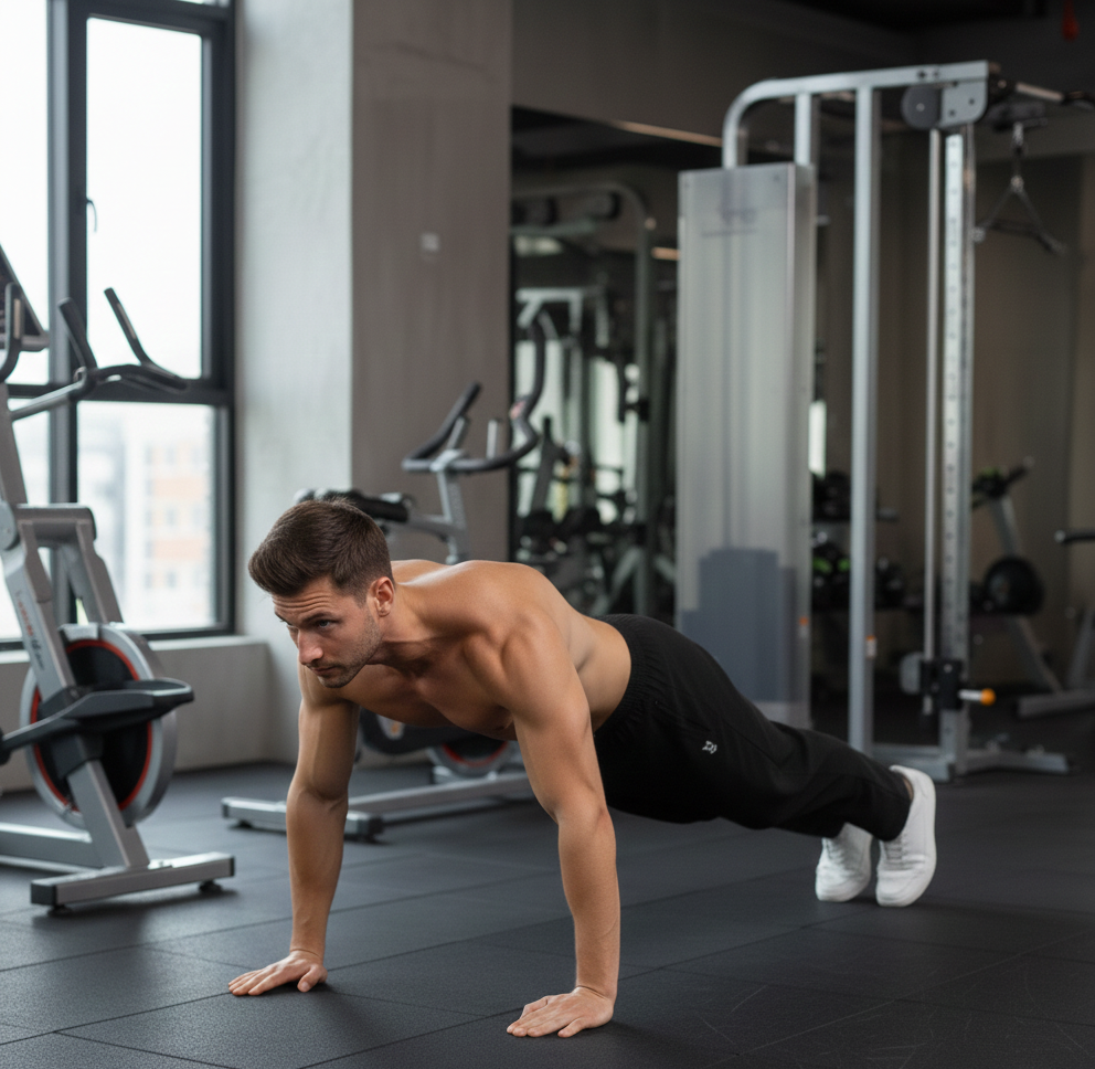 Man performing push-up in modern gym environment, focused on strength training exercises and fitness routine