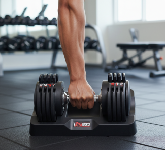 Person lifting an adjustable dumbbell in a modern gym environment for strength training workout session