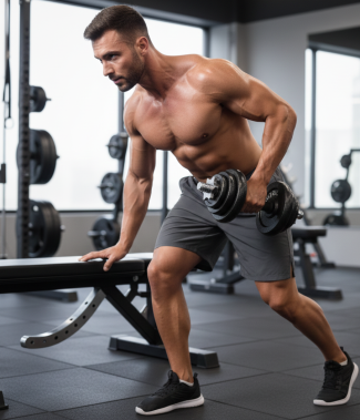 Muscular man performing dumbbell row exercise in gym for strength training and core fitness