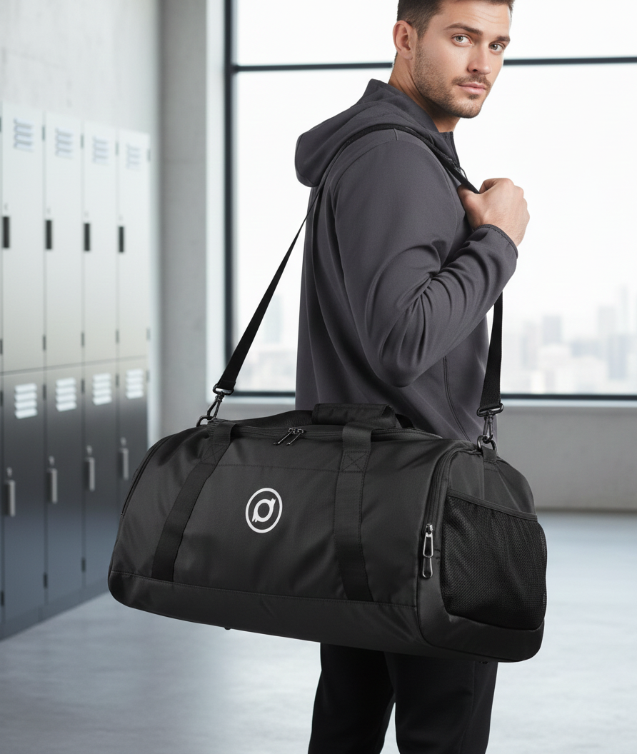 Man in grey hoodie carrying black sports duffel bag inside locker room with city view in background