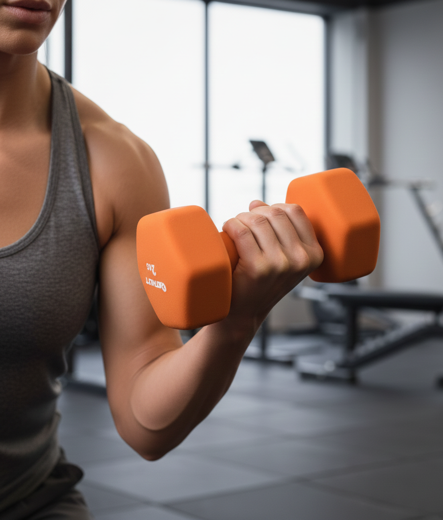 Person lifting orange dumbbell in gym, wearing a grey tank top, focused on strength training.
