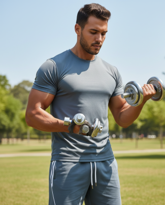 Man exercising with dumbbells outdoors in a park, wearing a grey t-shirt and shorts, focused on fitness and strength training