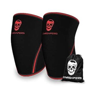 Black and red knee sleeves with skull logo, includes matching drawstring bag for gym use