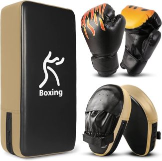 Boxing equipment set with flame design gloves, black and beige pads, and a punching shield for training